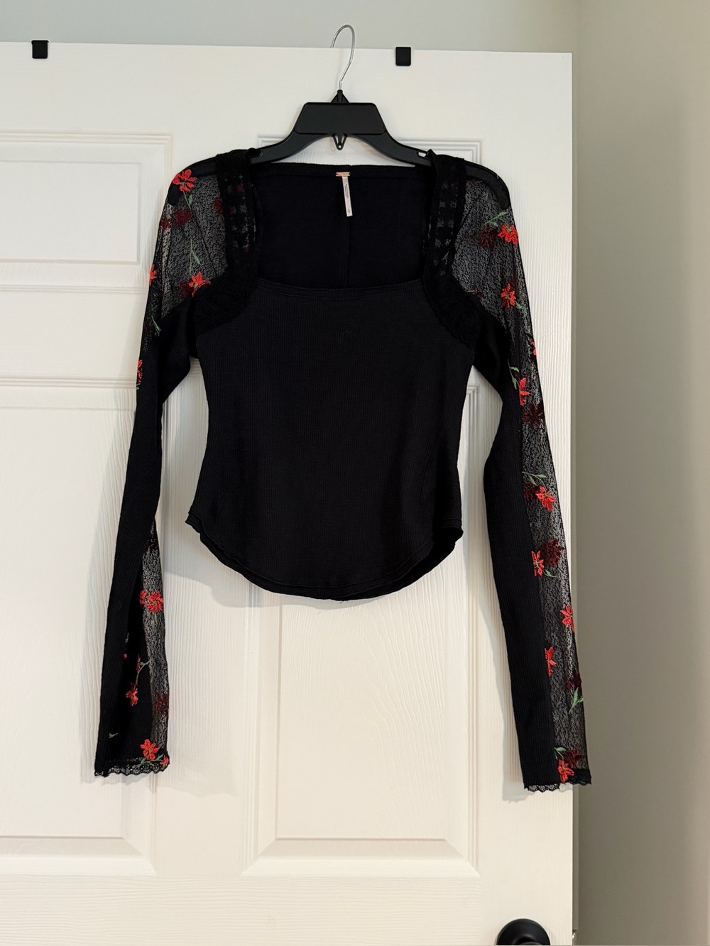 Free People Black Long Sleeve Top with Red Floral Mesh Sleeves